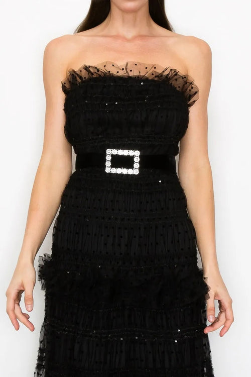 Midnight Muse Strapless Polka-Dot Tulle Maxi Dress