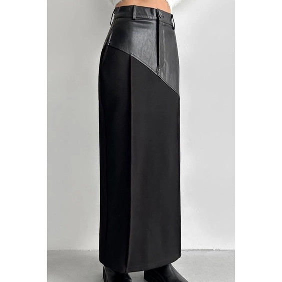 Faux Leather Panel Slit Maxi Skirt