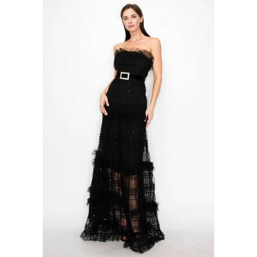 Midnight Muse Strapless Polka-Dot Tulle Maxi Dress