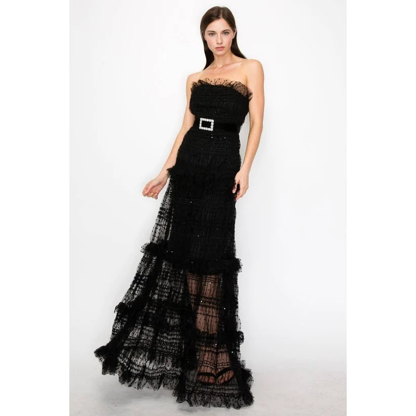 Midnight Muse Strapless Polka-Dot Tulle Maxi Dress