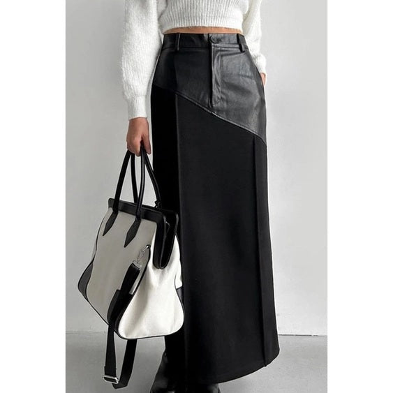 Faux Leather Panel Slit Maxi Skirt