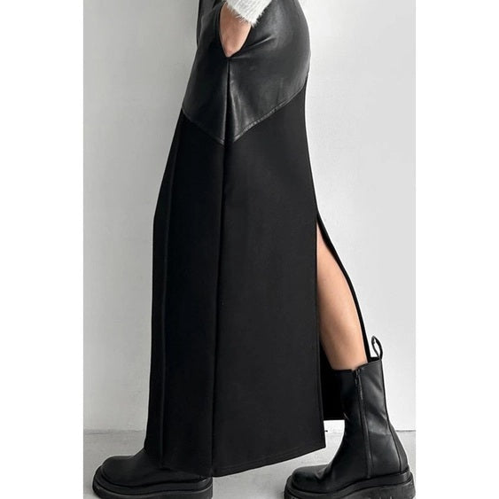 Faux Leather Panel Slit Maxi Skirt