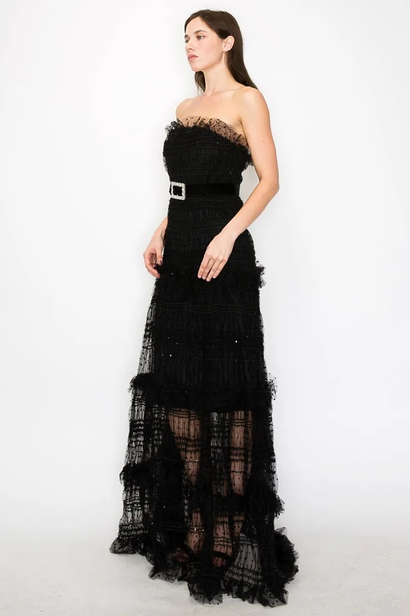 Midnight Muse Strapless Polka-Dot Tulle Maxi Dress