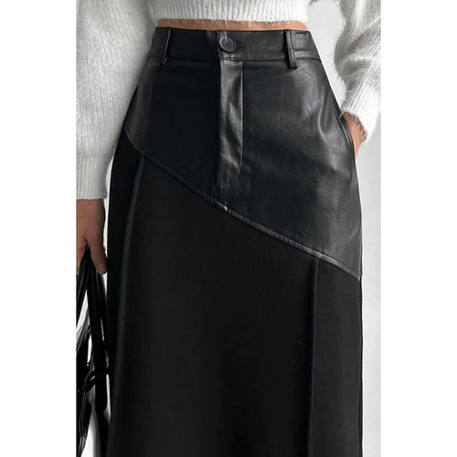 Faux Leather Panel Slit Maxi Skirt