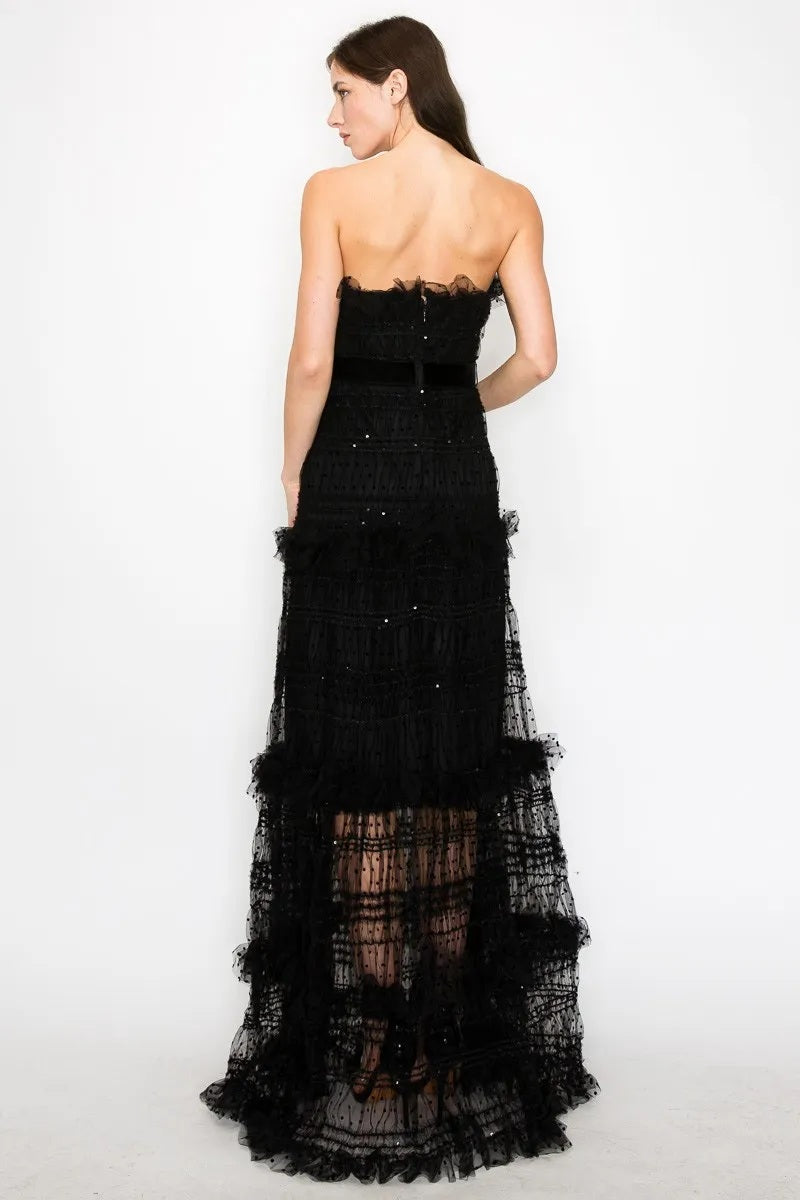 Midnight Muse Strapless Polka-Dot Tulle Maxi Dress
