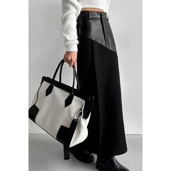 Faux Leather Panel Slit Maxi Skirt