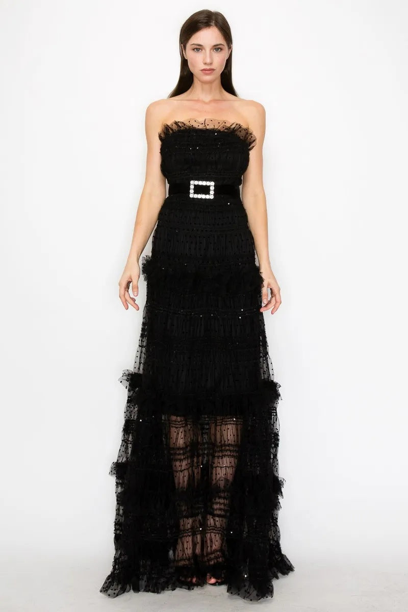 Midnight Muse Strapless Polka-Dot Tulle Maxi Dress